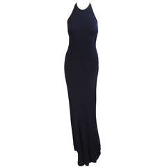 1970s Halston Deep Blue Silk Jersey Halter Gown