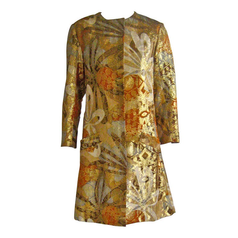 1960s Bill Blass Asian Influence Metallic Lame Coat Dress