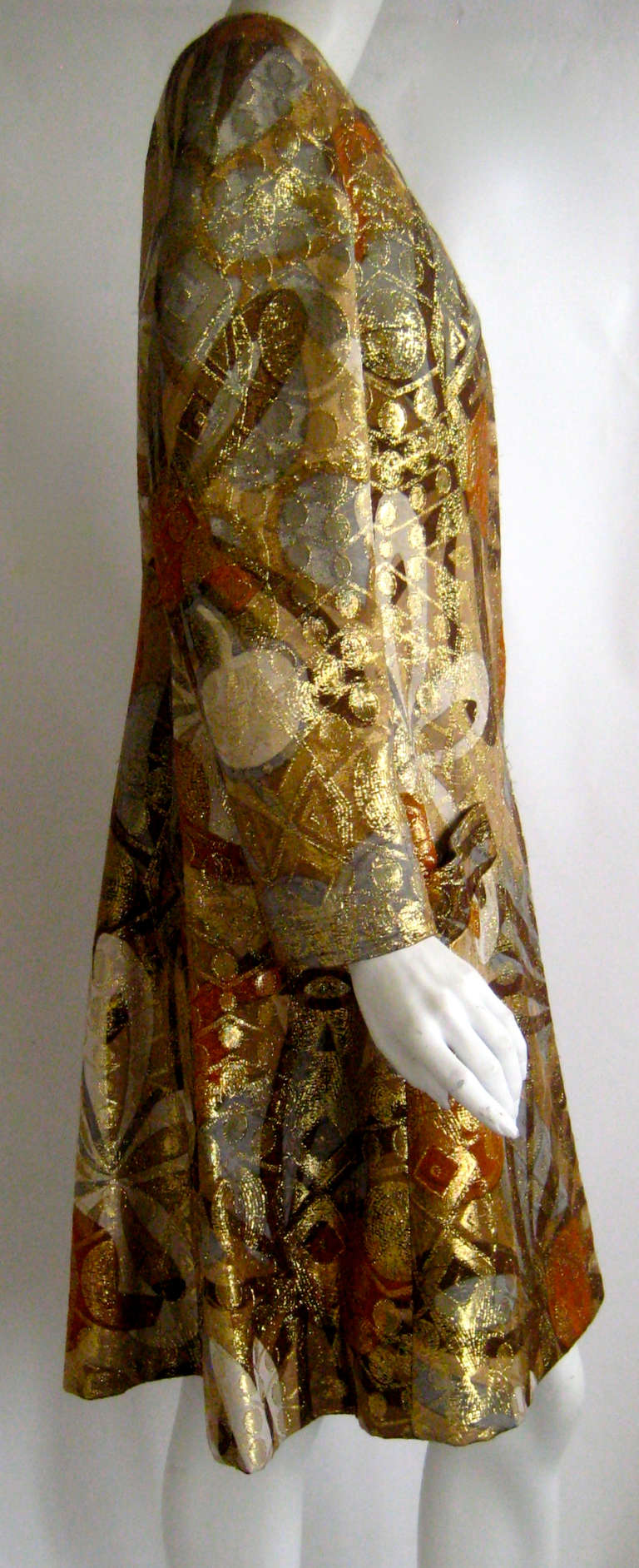 Women's 1960s Bill Blass Asian Influence Metallic Lame Coat Dress