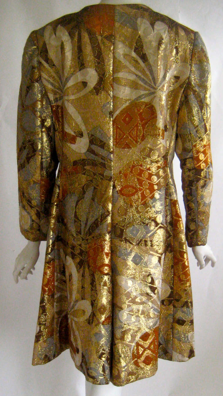 1960s Bill Blass Asian Influence Metallic Lame Coat Dress 1