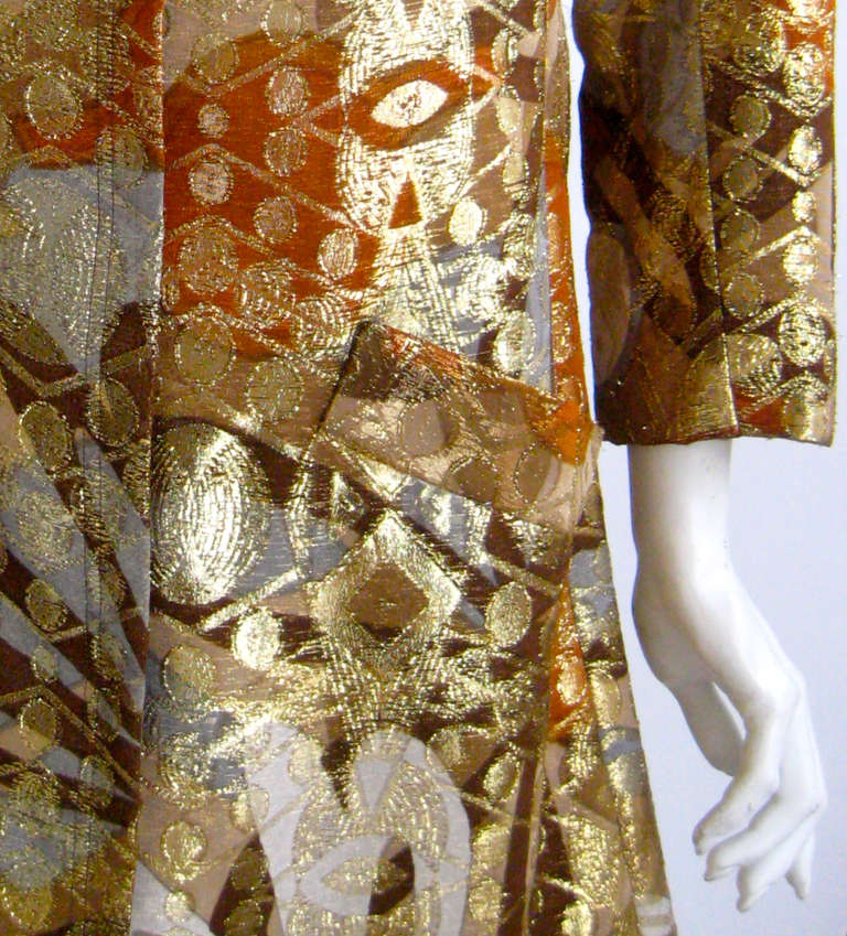 1960s Bill Blass Asian Influence Metallic Lame Coat Dress 3