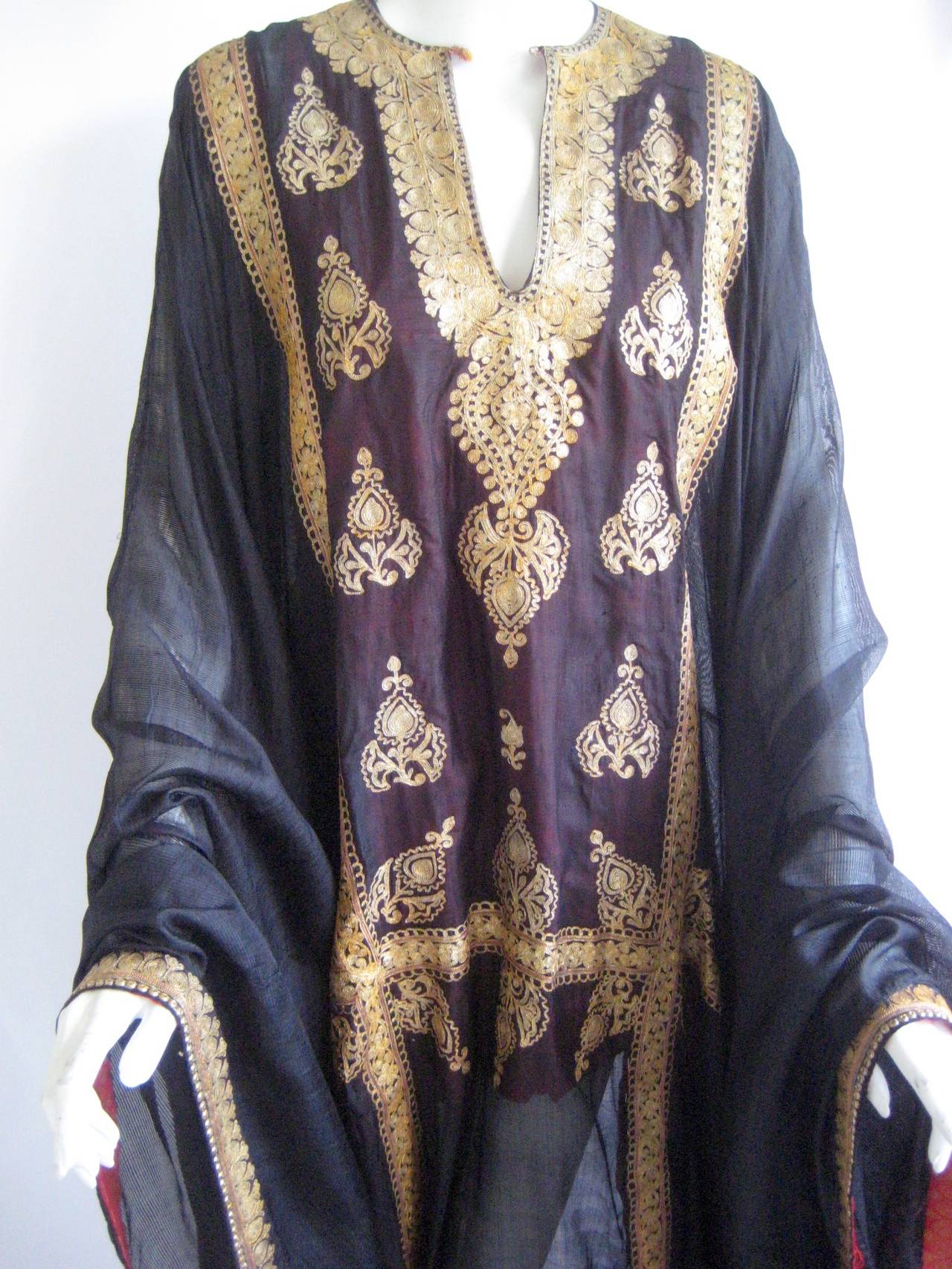 Exceptional Mid Century Woven Silk Caftan with Metallic Gold Embroidery 1