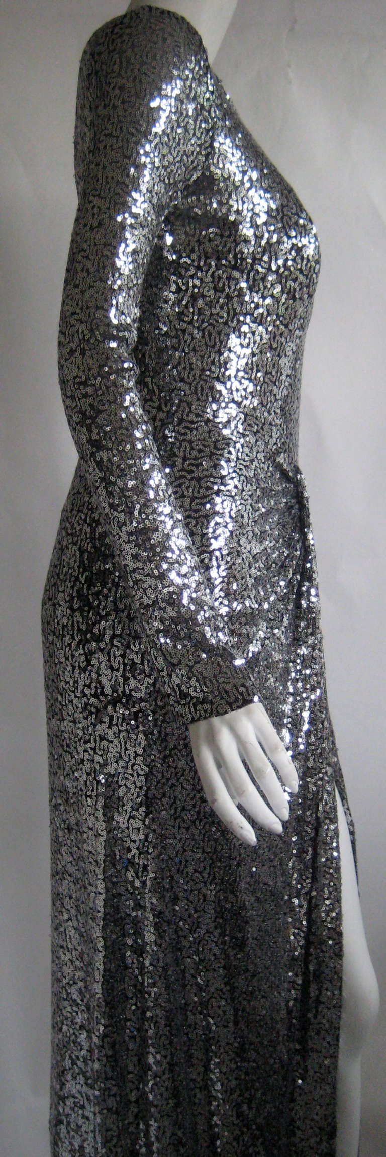 1990s Vicky Tiel Silver Sequin Mermaid Gown 1