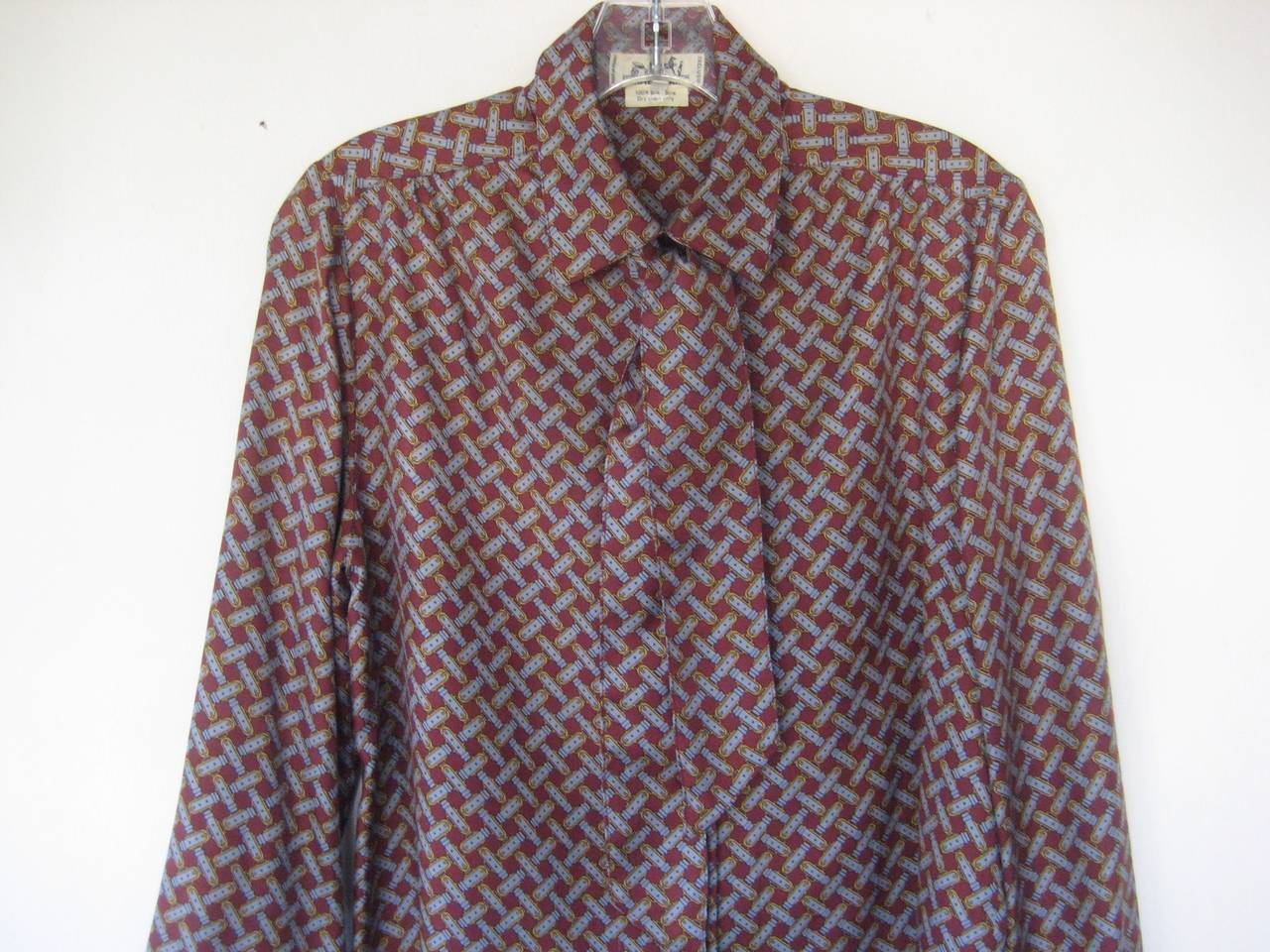 Vintage Hermes Buckle Print Blouse with Matching Twilly Tie For Sale 2