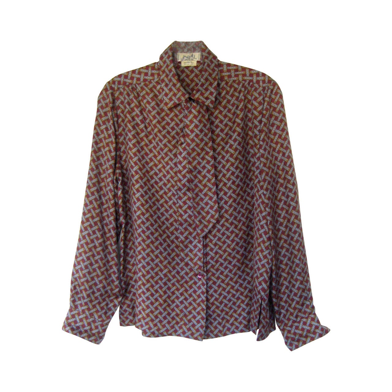Vintage Hermes Buckle Print Blouse with Matching Twilly Tie For Sale