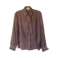 Vintage Hermes Buckle Print Blouse with Matching Twilly Tie