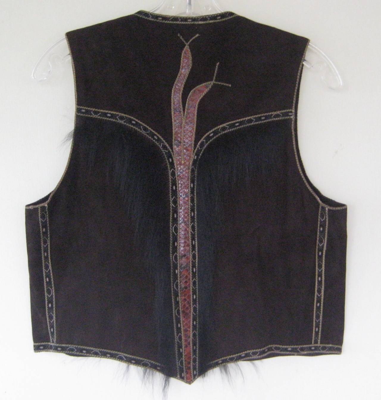 1970s Roberto Cavalli Hand Painted Suede Vest with Snakeskin Appliqué In Excellent Condition In Chicago, IL
