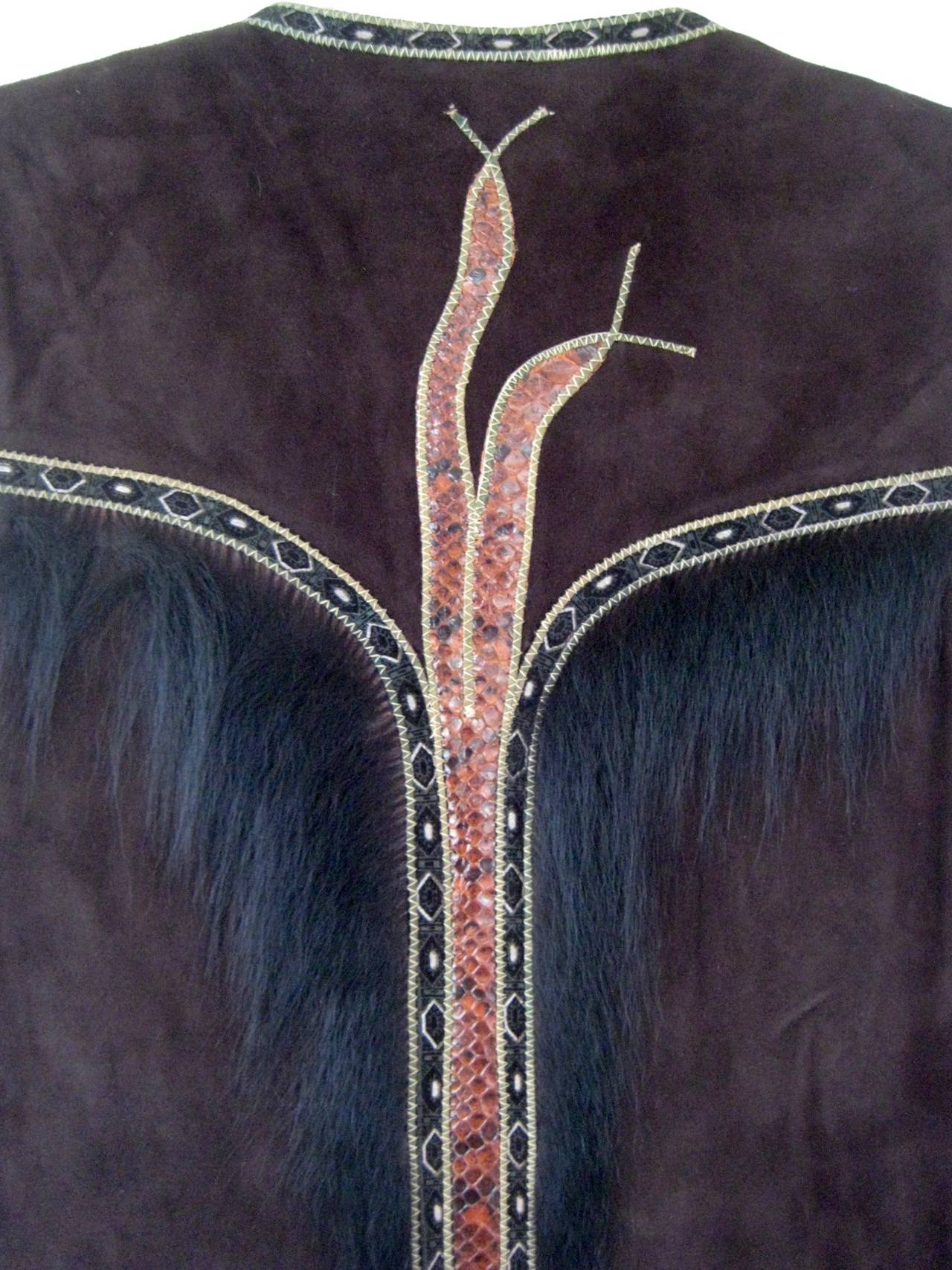 1970s Roberto Cavalli Hand Painted Suede Vest with Snakeskin Appliqué 1