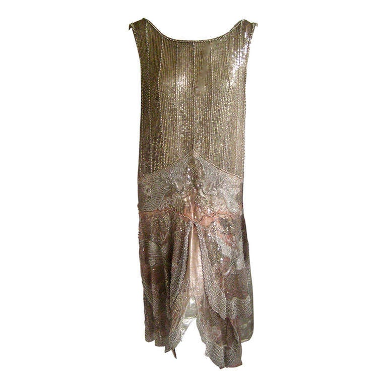 Art Deco Lame French Couture Evening Dress With Beaded Cranes For Sale