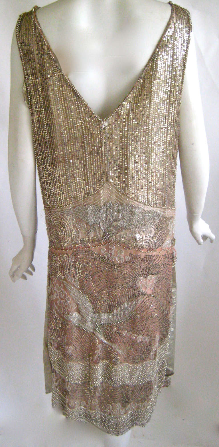 Art Deco Lame French Couture Evening Dress With Beaded Cranes In Good Condition For Sale In Chicago, IL