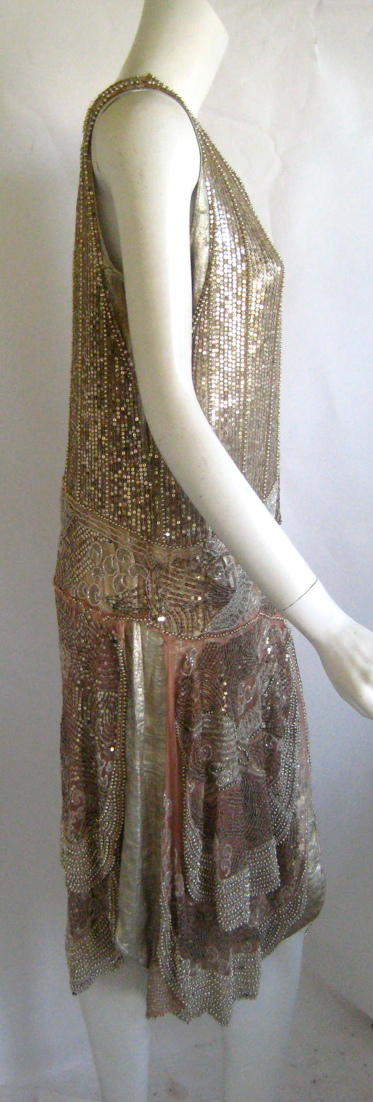 Art Deco Lame French Couture Evening Dress With Beaded Cranes For Sale 4