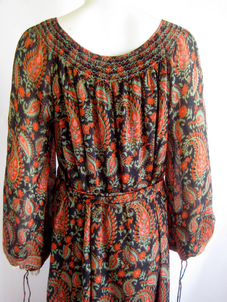 1960s Treacy Lowe Hand Block Indian Silk Peasant Dress For Sale 3