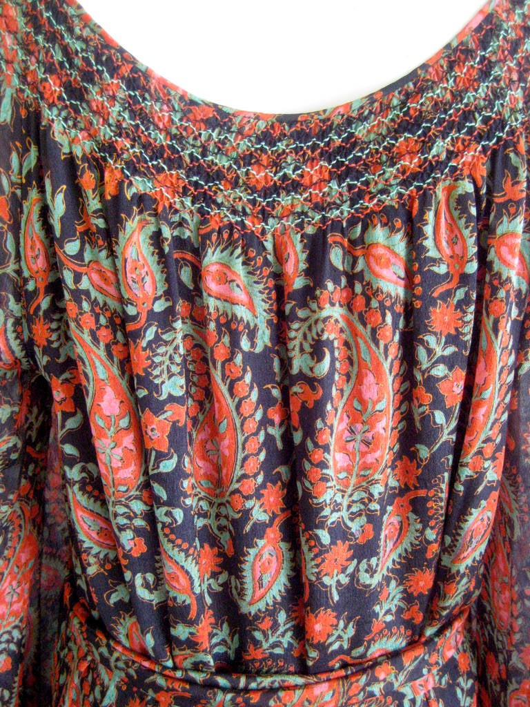 1960s Treacy Lowe Hand Block Indian Silk Peasant Dress For Sale 4