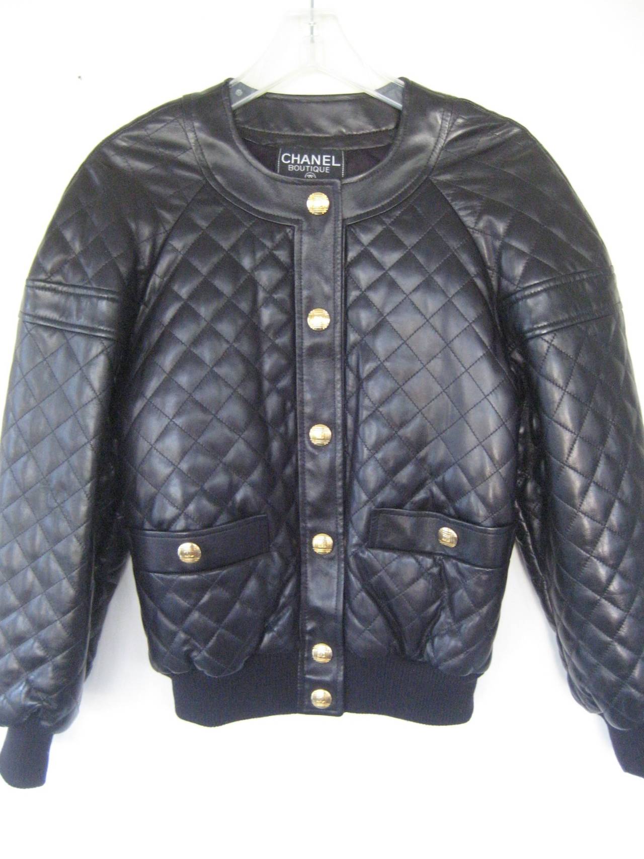 1990s Chanel Quilted Black Leather Bomber Jacket In Excellent Condition In Chicago, IL