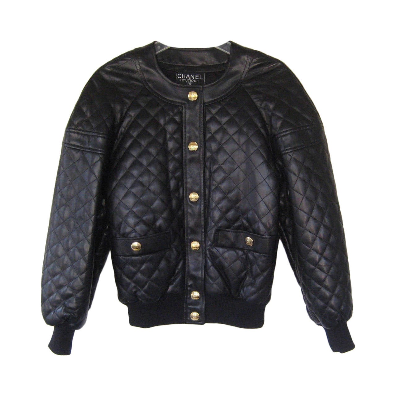 1990s Chanel Quilted Black Leather Bomber Jacket