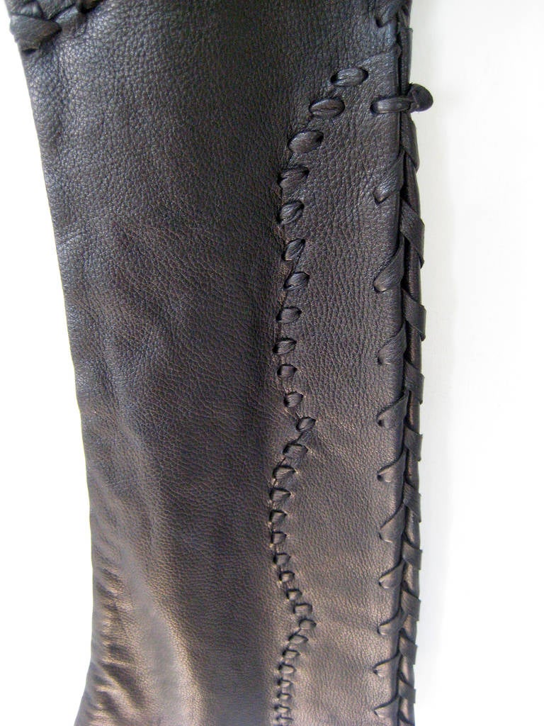 Women's or Men's 1970s North Beach Leather Black Whip Stitched Leather Pants Deadstock