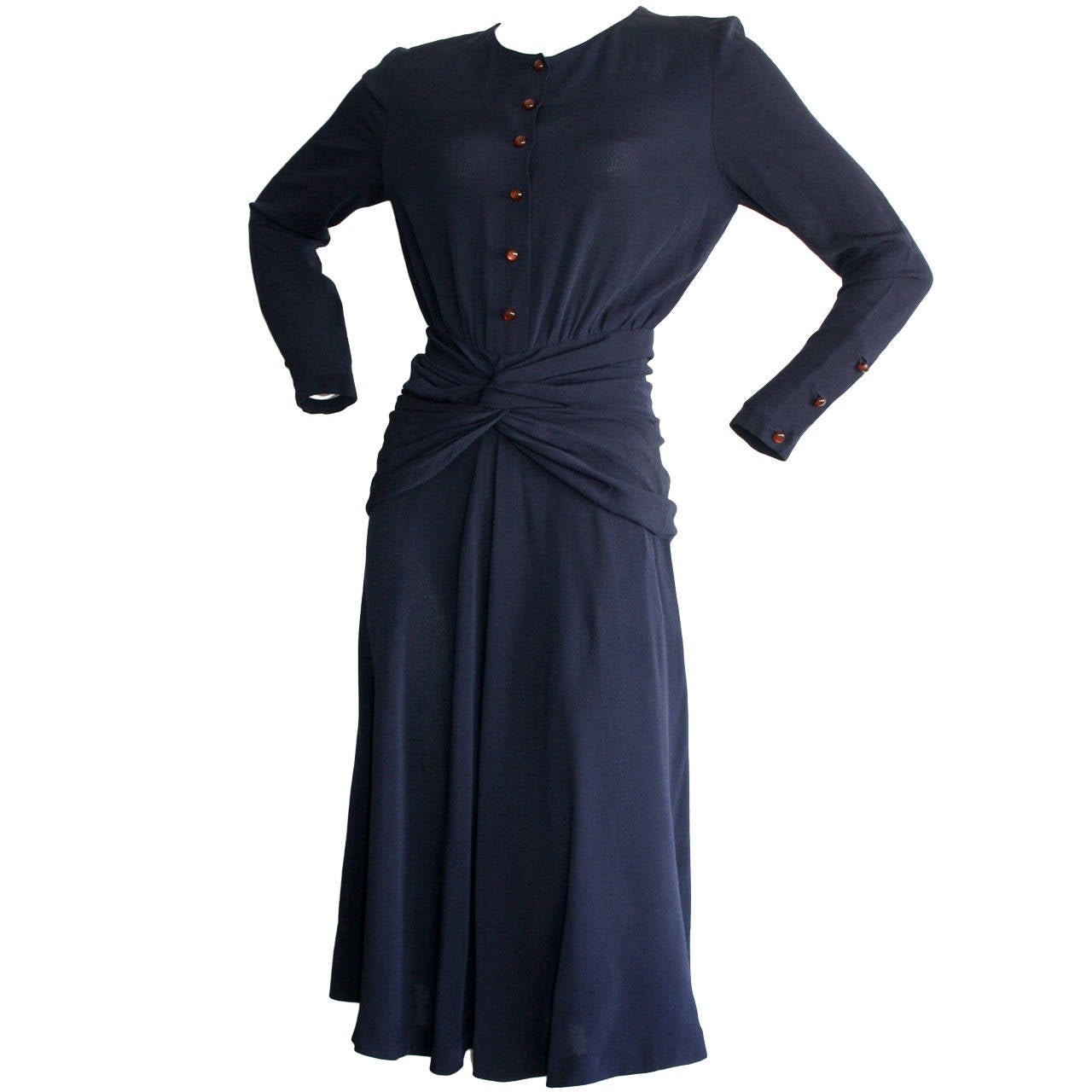 Vintage Chloe by Karl Lagerfeld 1930s Style Navy Blue Dress