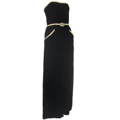1980s Oscar de la Renta Black Velvet Strapless Gown and Jewel Belt