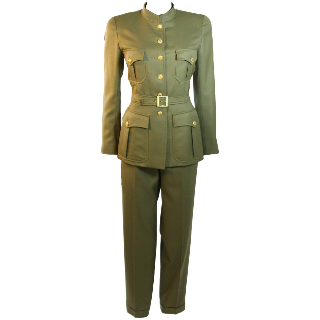 Chanel 96A Military Inspired Army Green Light Wool Jacket & Pants Suit with Belt