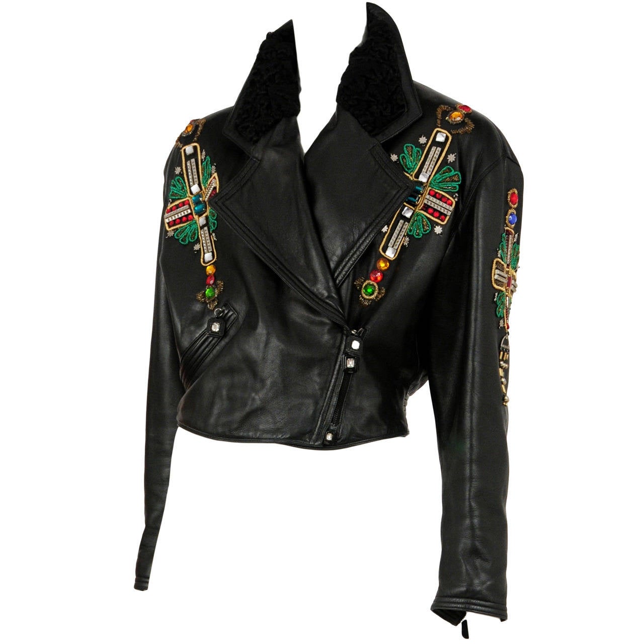 Gianni Versace Black Leather Jacket with Jewel Crosses