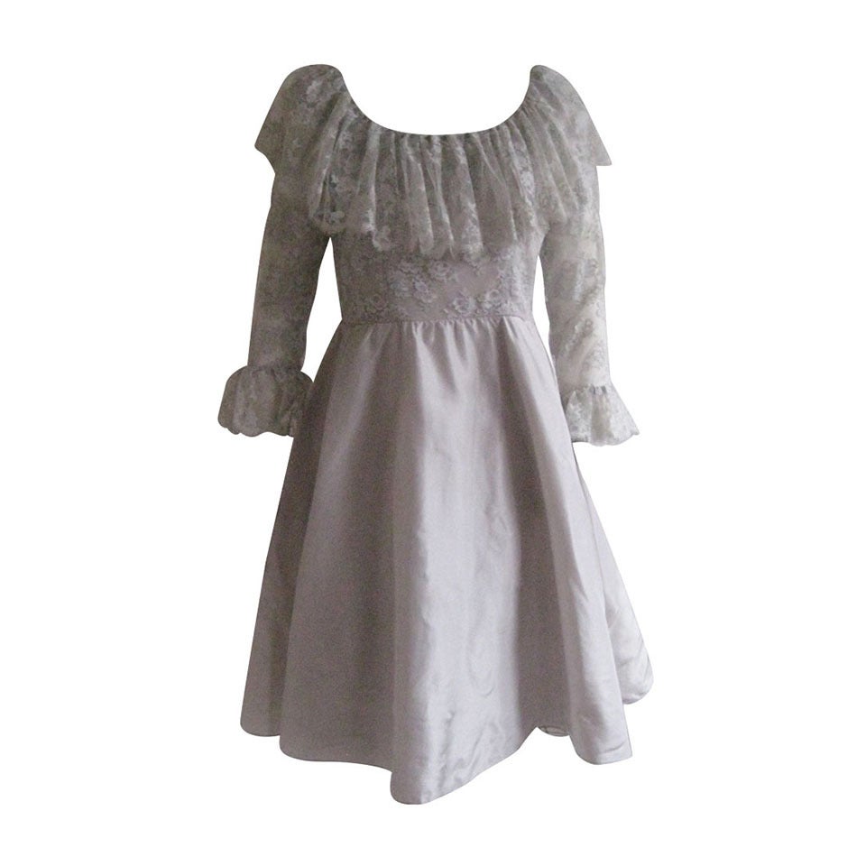 1960s Oscar De La Renta Pale Grey Silk Empire Dress For Sale