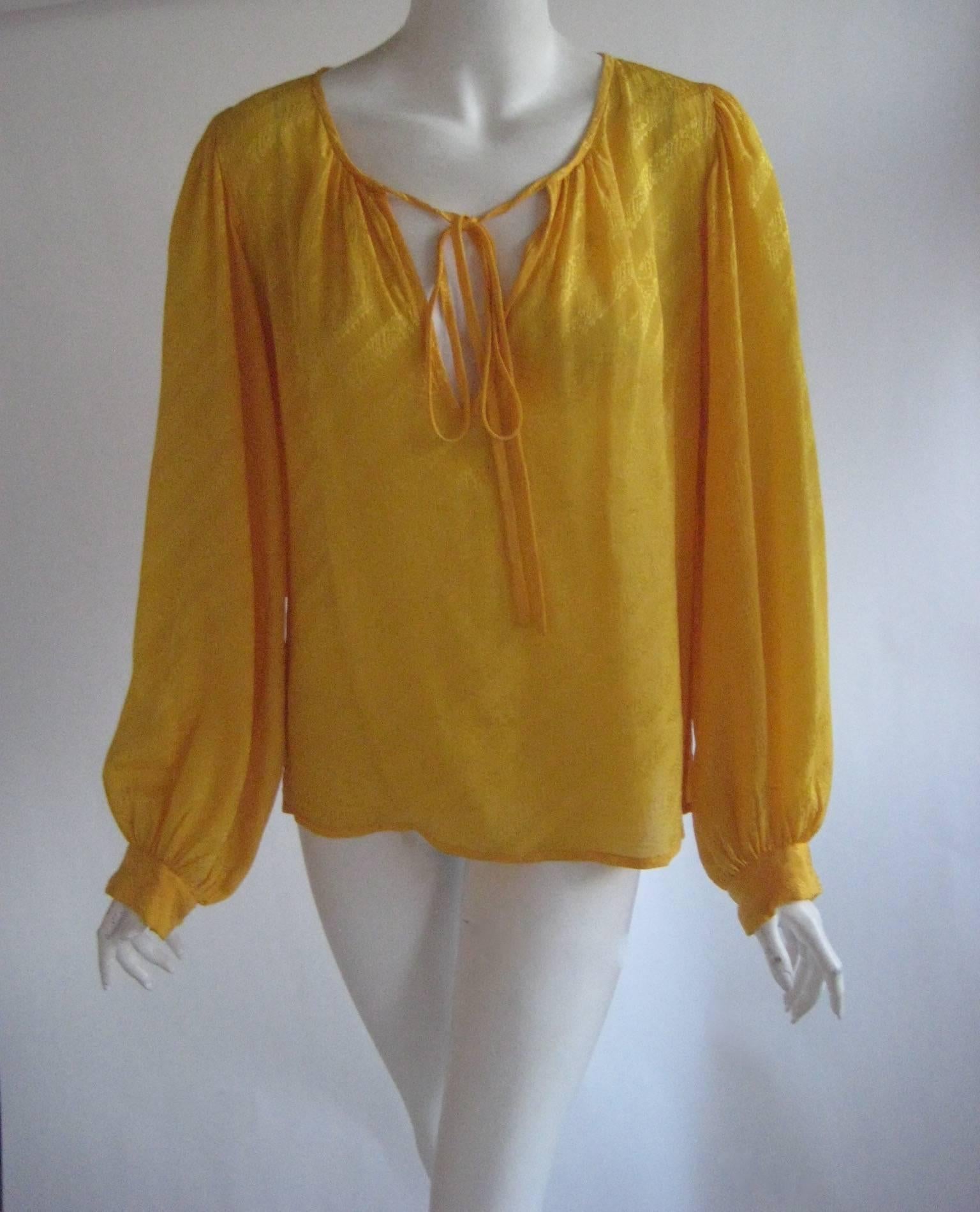 1970s Yves Saint Laurent Goldenrod Silk Peasant Blouse For Sale 2