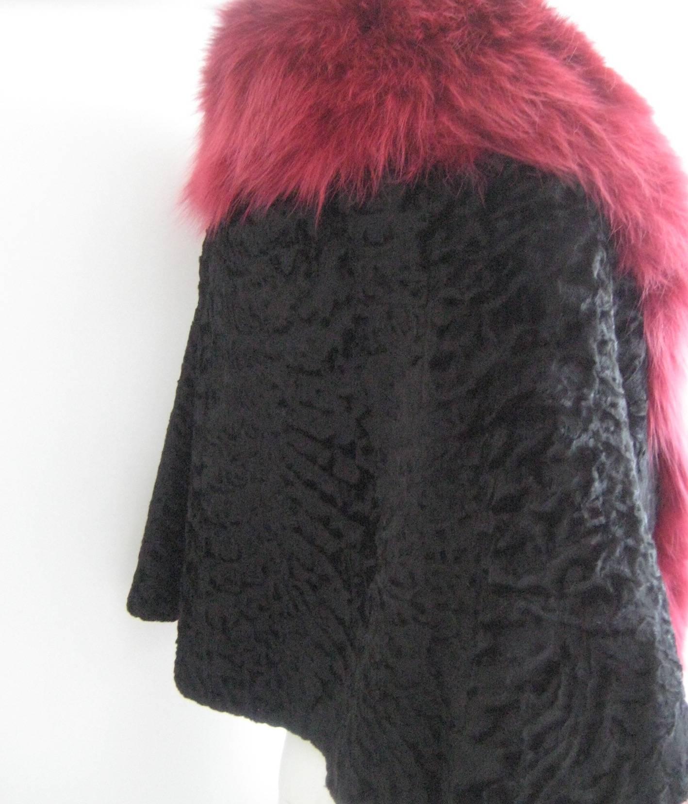 Women's Vintage Broadtail Bolero Shrug with Pink Fox Trim