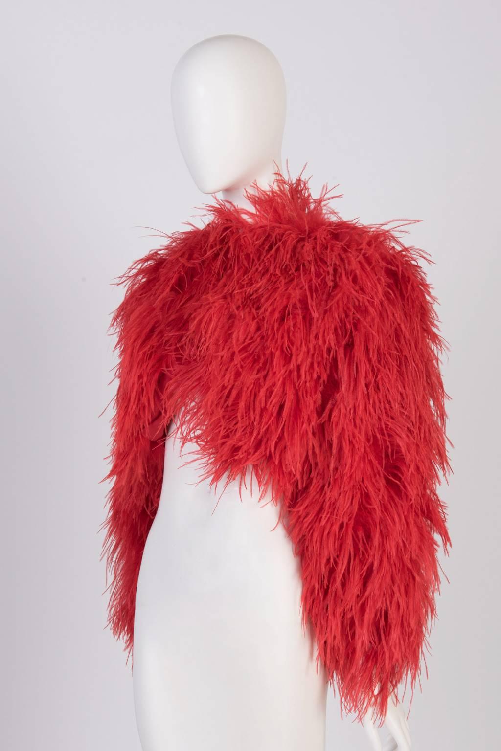 Ostrich feather bolero in striking bright red.