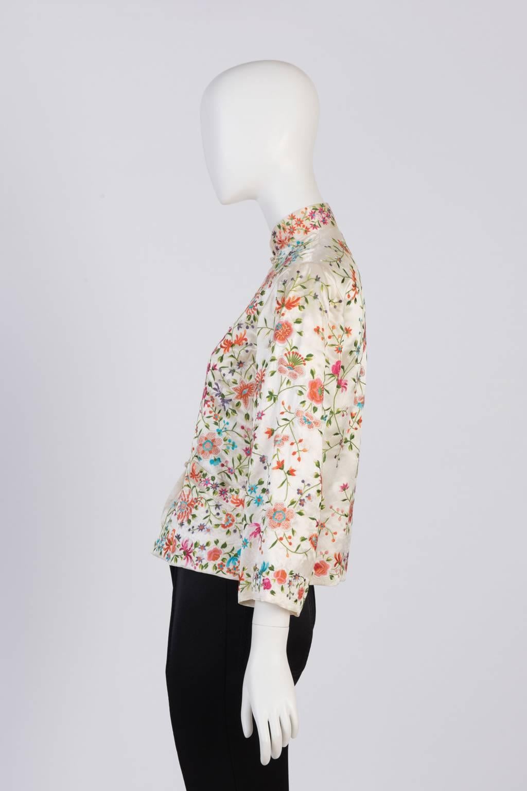 Beige Floral Embroidery Oriental Jacket For Sale