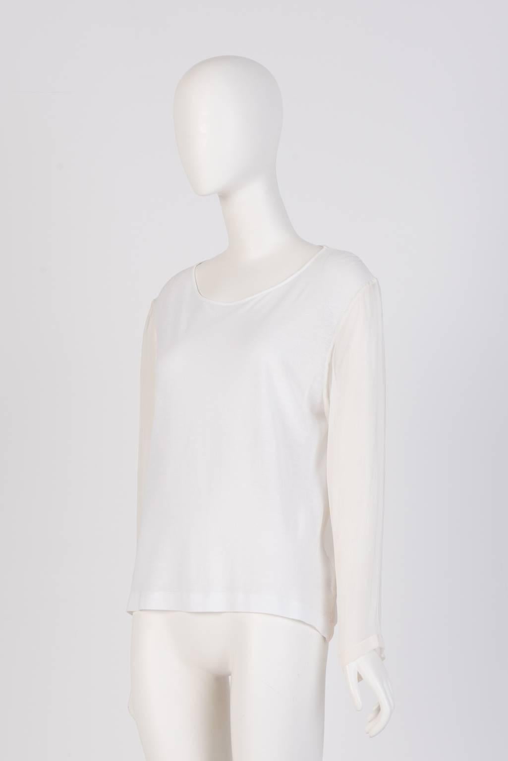 Semi-sheer Dries Van Noten long sleeve T-shirt with cotton front panel and silk sleeves and back panel.