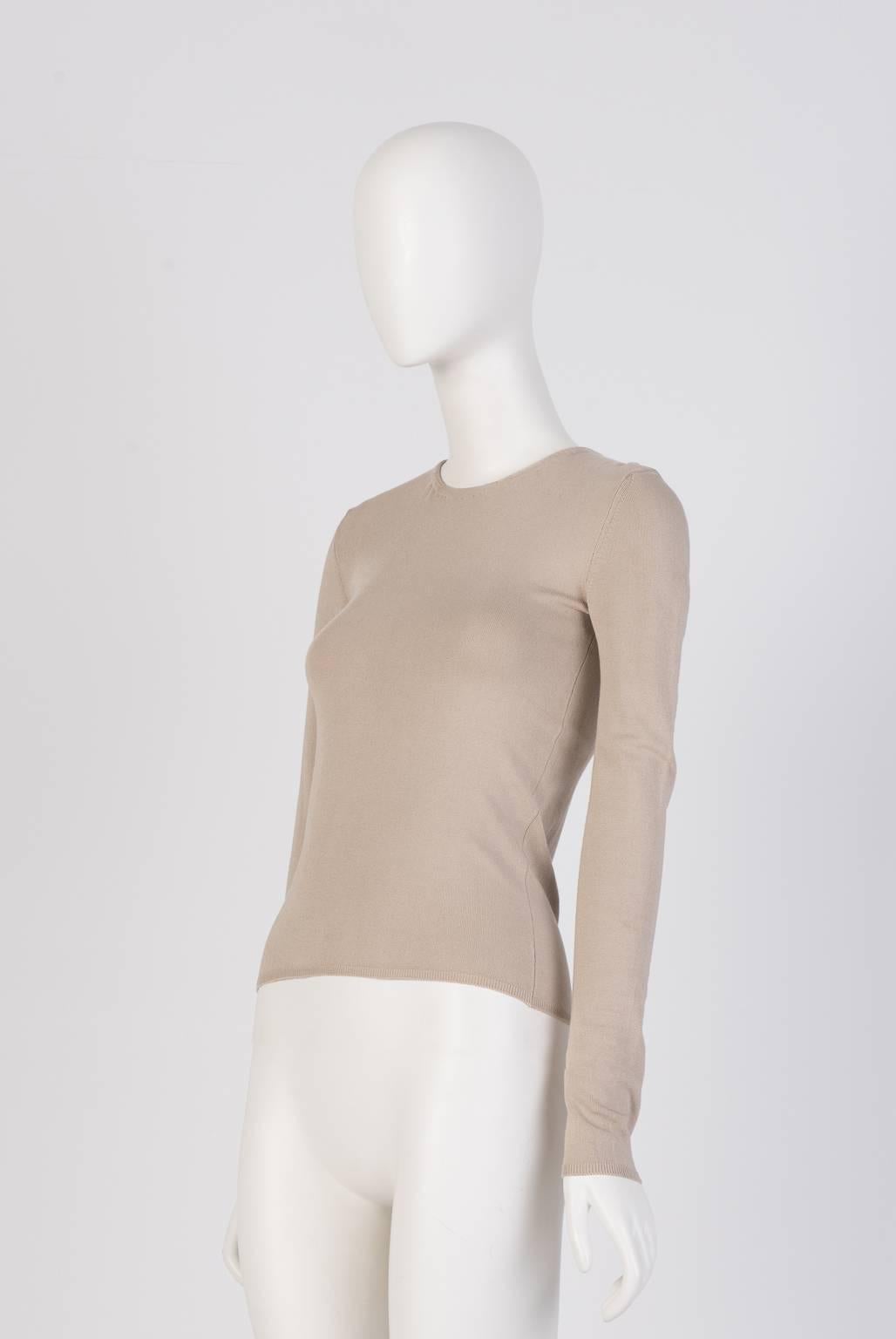 Fitted Prada silk knit top in taupe with back zip closure. 