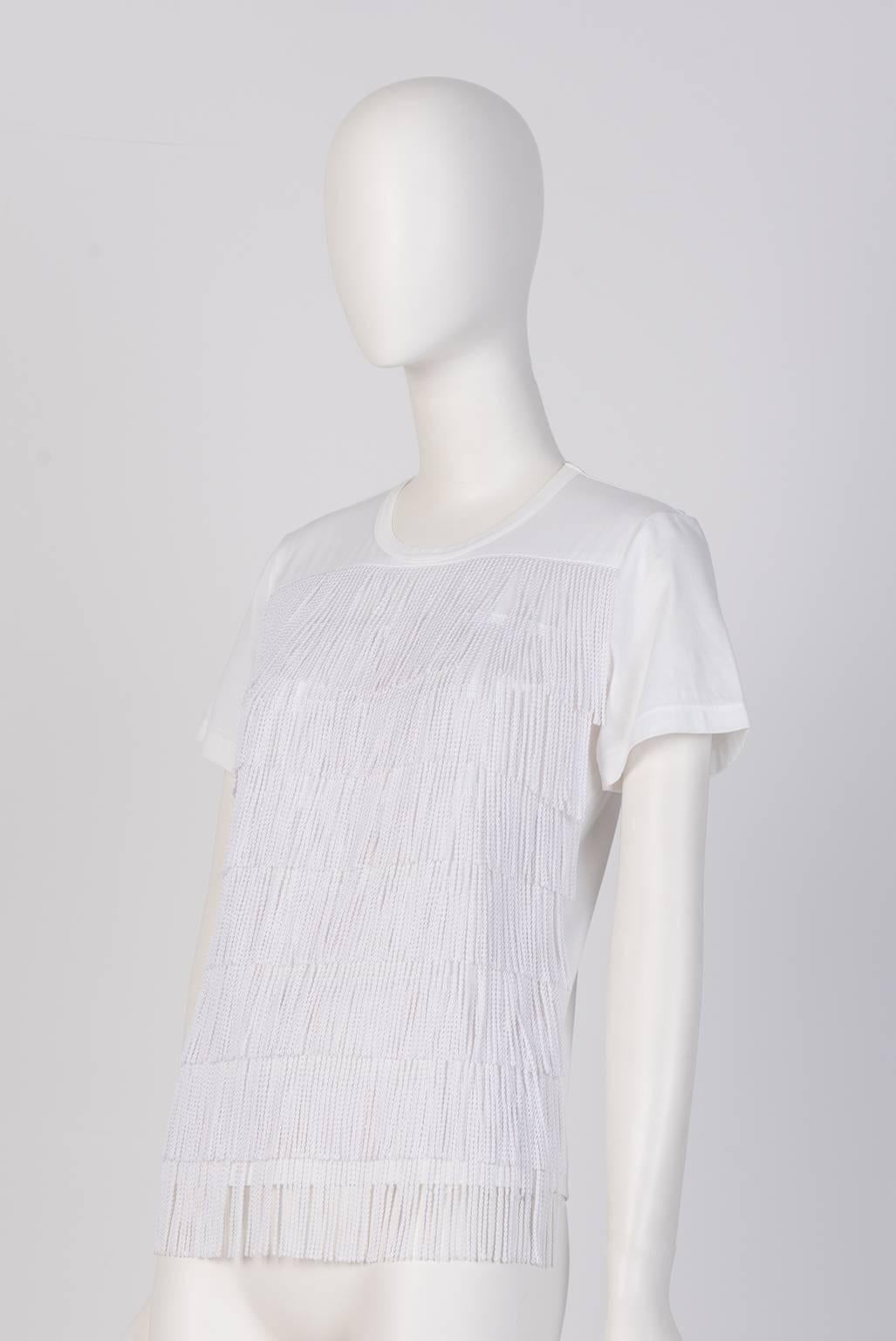 White, strigaht cut Junya Watanabe cotton T-shirt with an exquisite tassel front panel. 