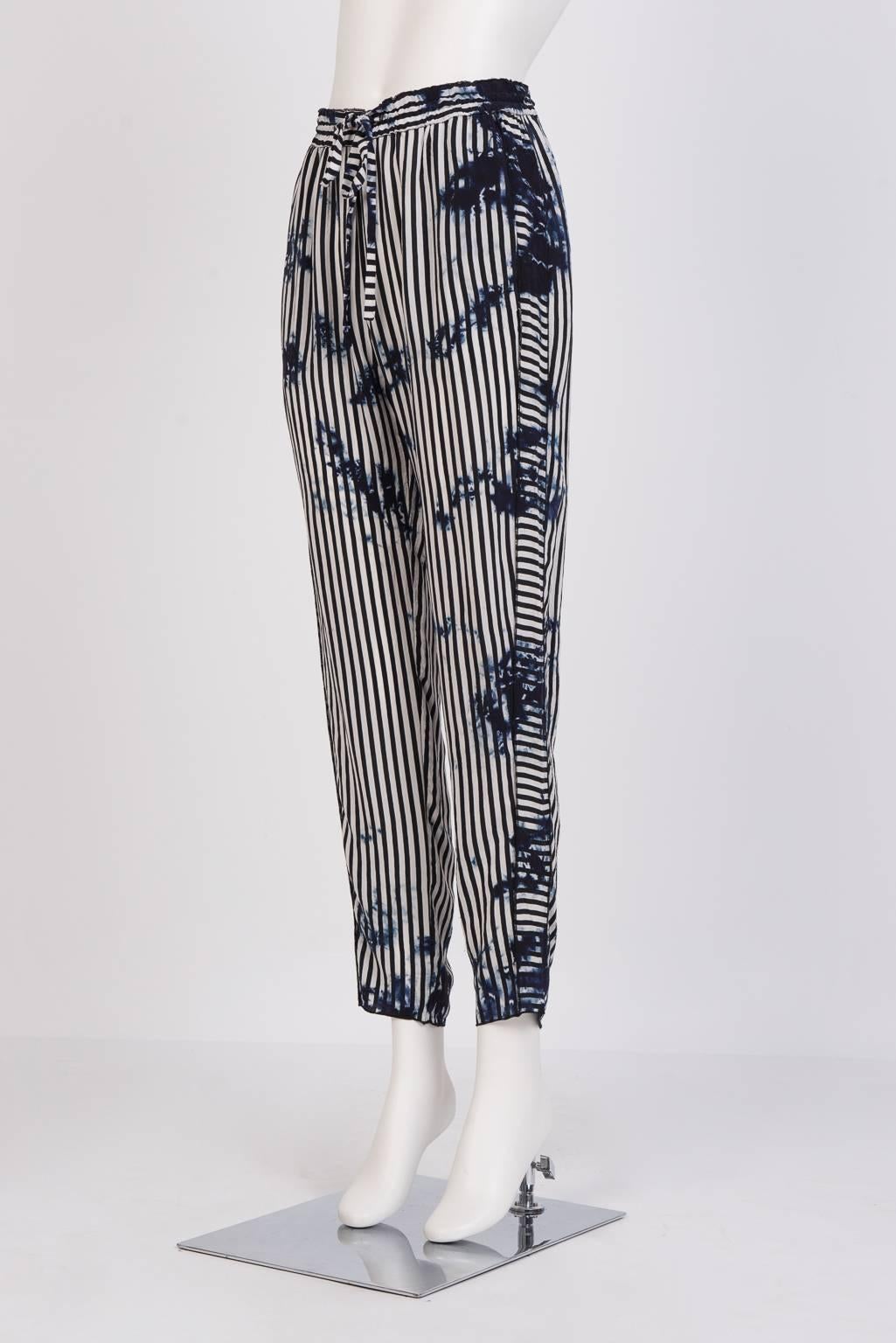 Hand made in Los Angeles lightwieght drawstring trousers with a play on tie-dyed black & white stripes in opposite directions