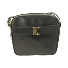 Vintage Ferragamo Black Leather Vara Ribbon Shoulder Bag