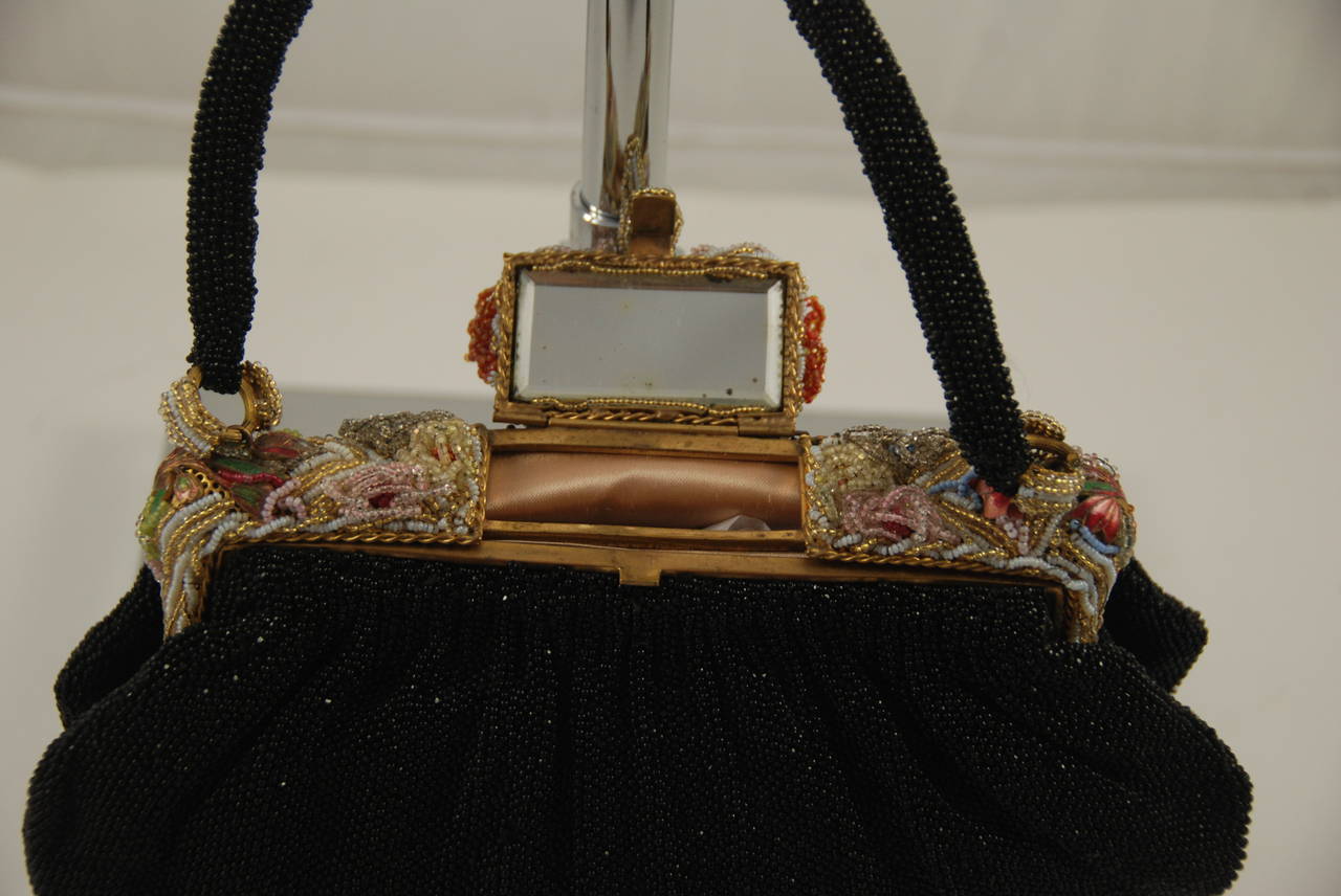 1940s Black Beaded Evening Bag with Ornate Frame In Excellent Condition In New York, NY