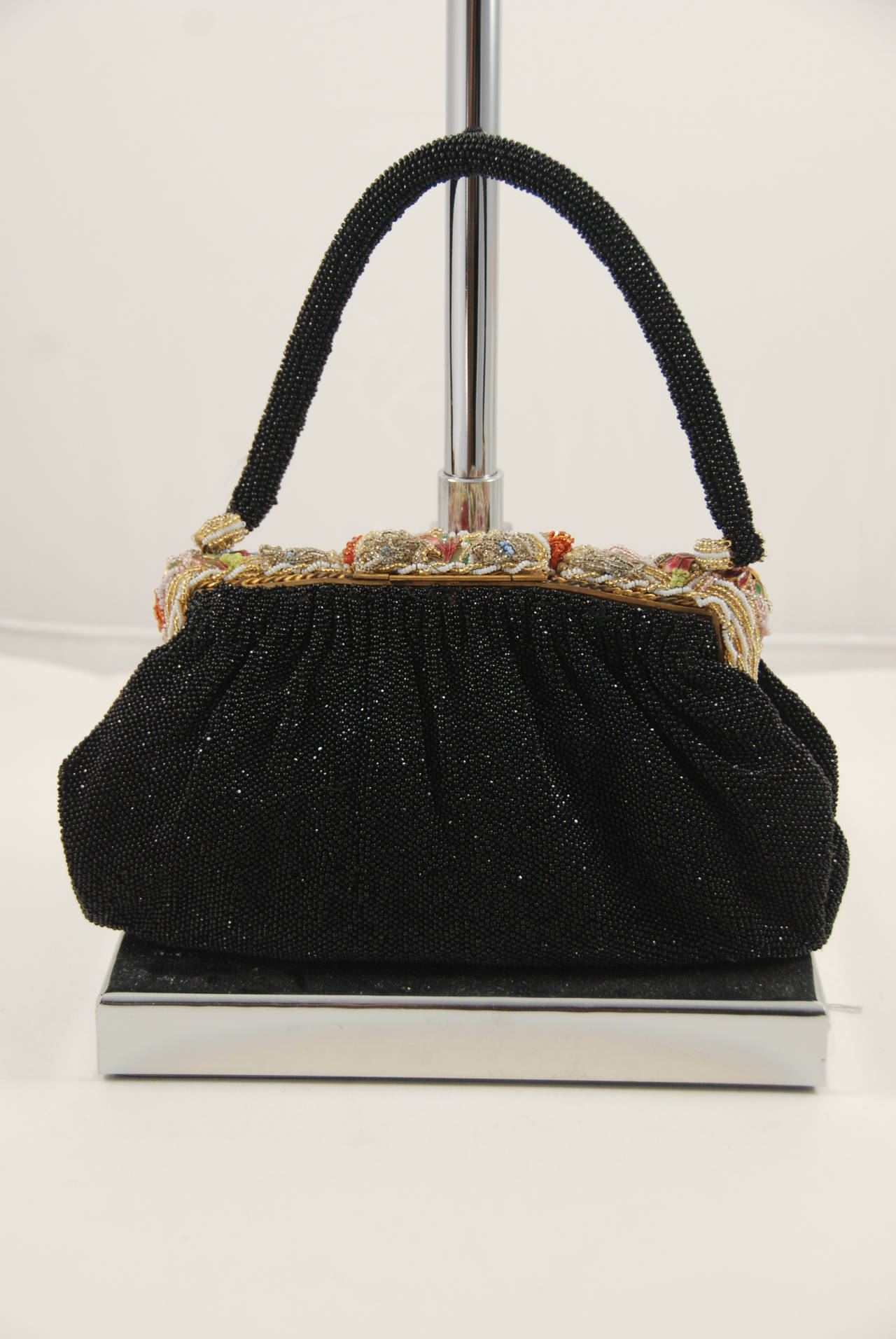 Women's 1940s Black Beaded Evening Bag with Ornate Frame