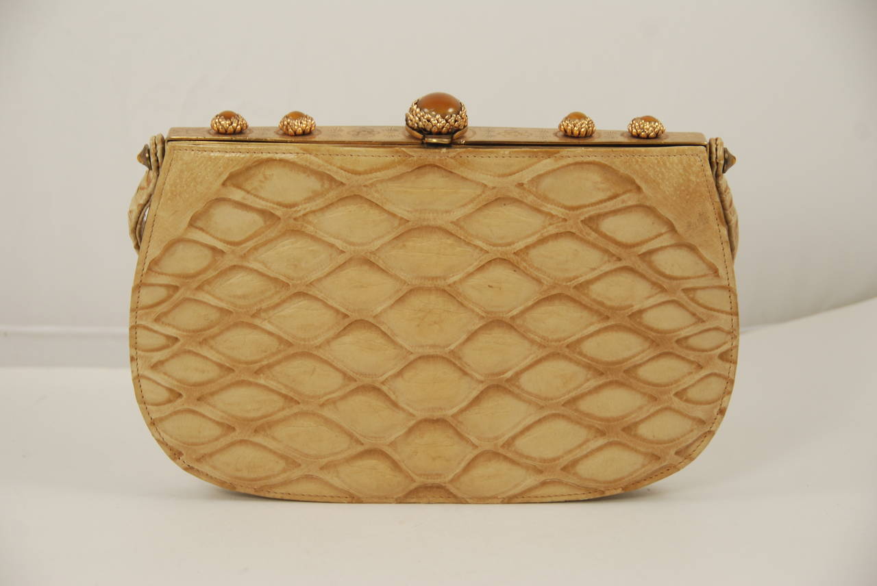 Beige Vintage Koret Snakeskin Handbag with Ornate Frame For Sale