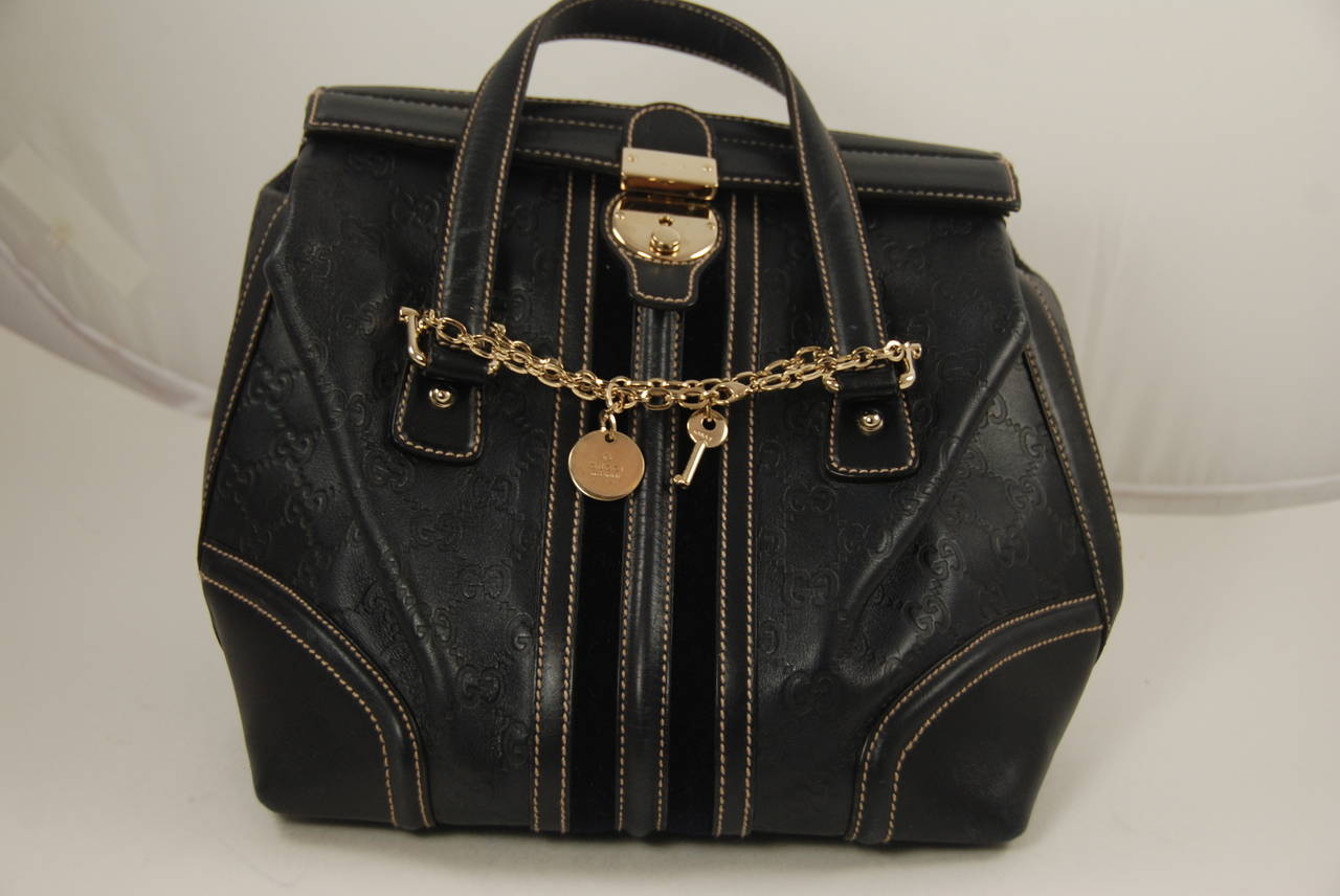 Gucci Embossed Navy Blue Leather Top Handle Handbag 5