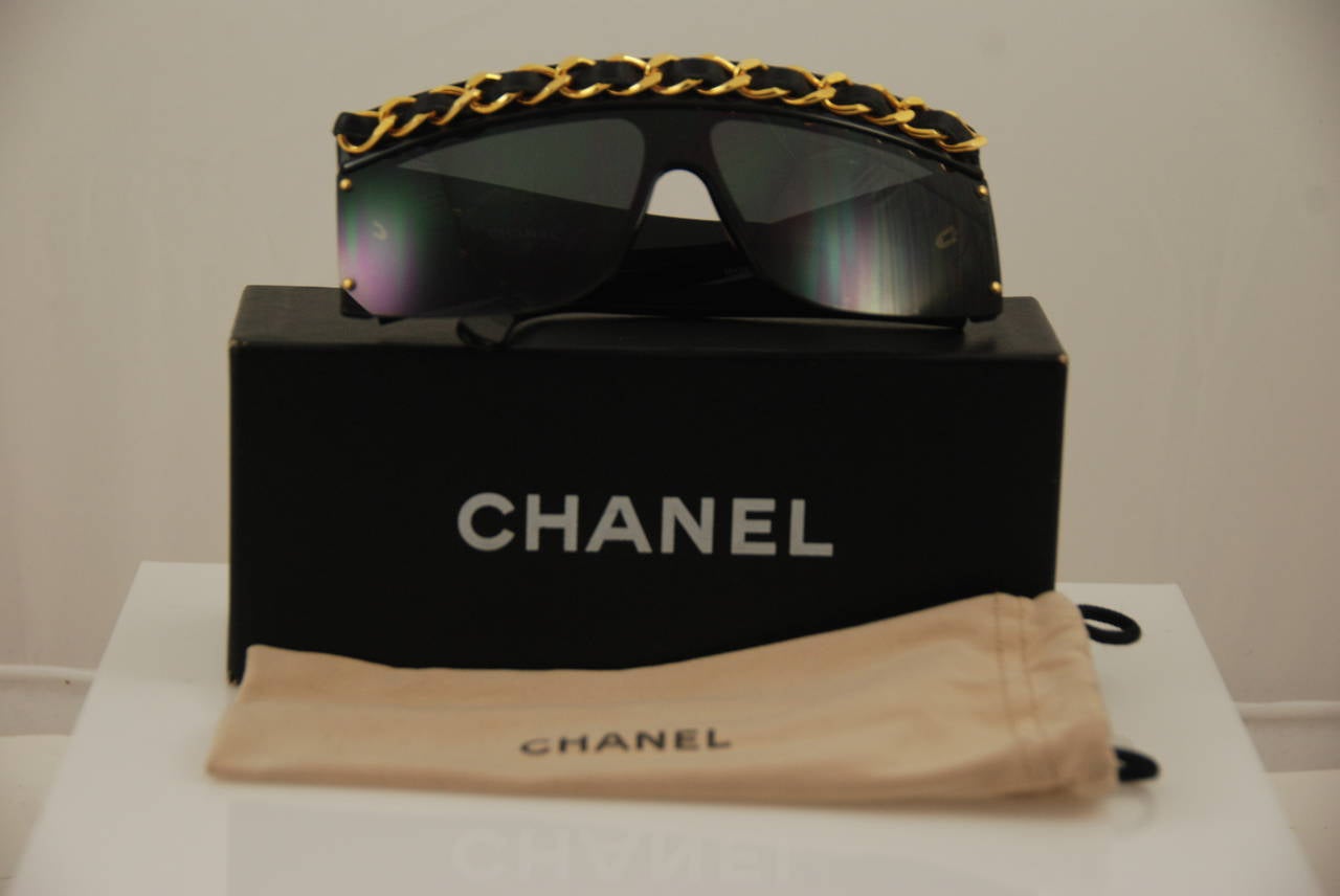 1990s Chanel Black and Gold Chain Vintage Sunglasses 2