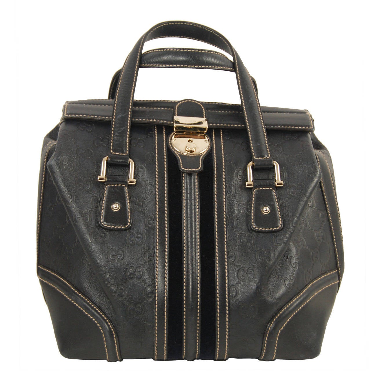 Gucci Embossed Navy Blue Leather Top Handle Handbag