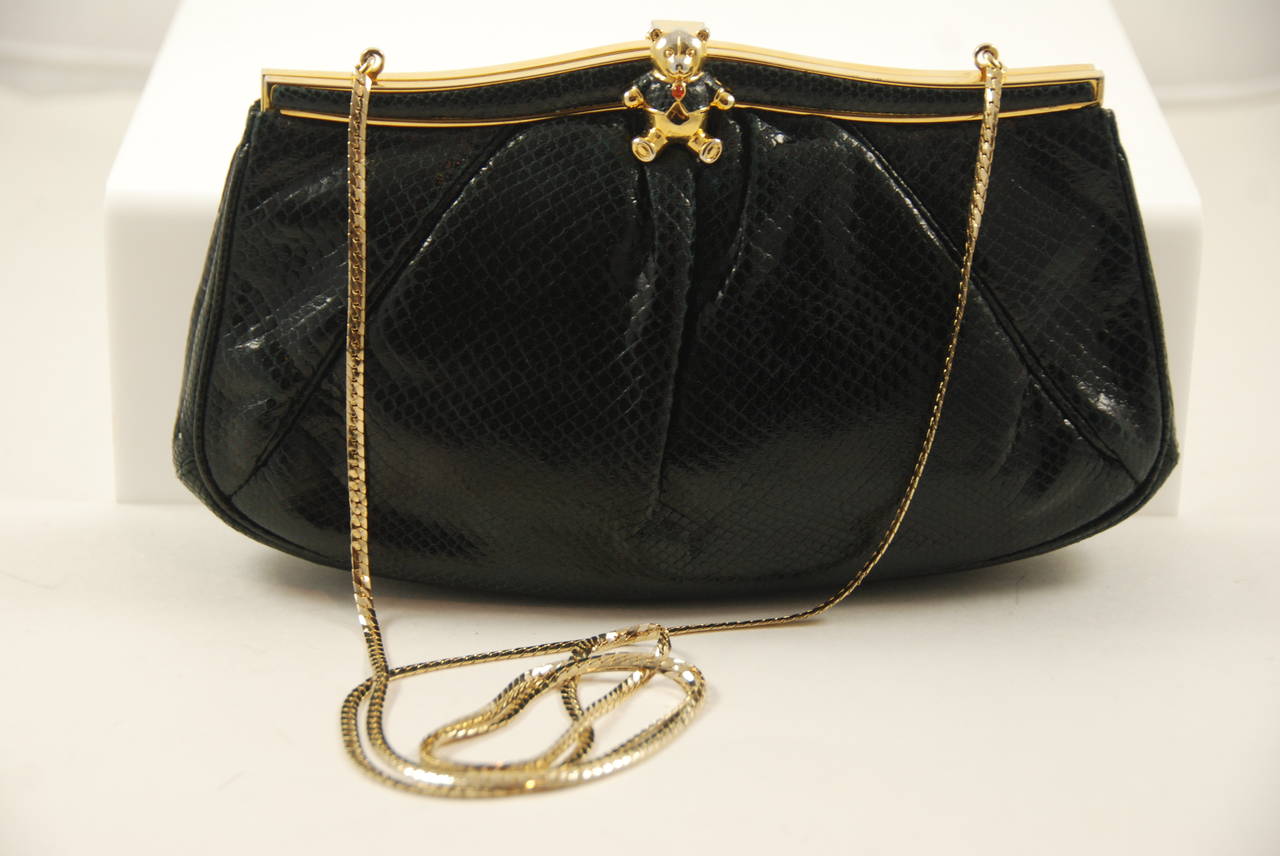 Women's 1980s Judith Leiber Black Karung Clutch with Teddy Bear Clasp For Sale