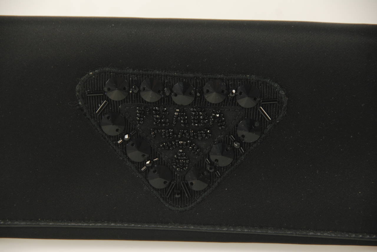 New Black Satin Beaded Prada Evening Triangle Wallet In New Condition For Sale In New York, NY