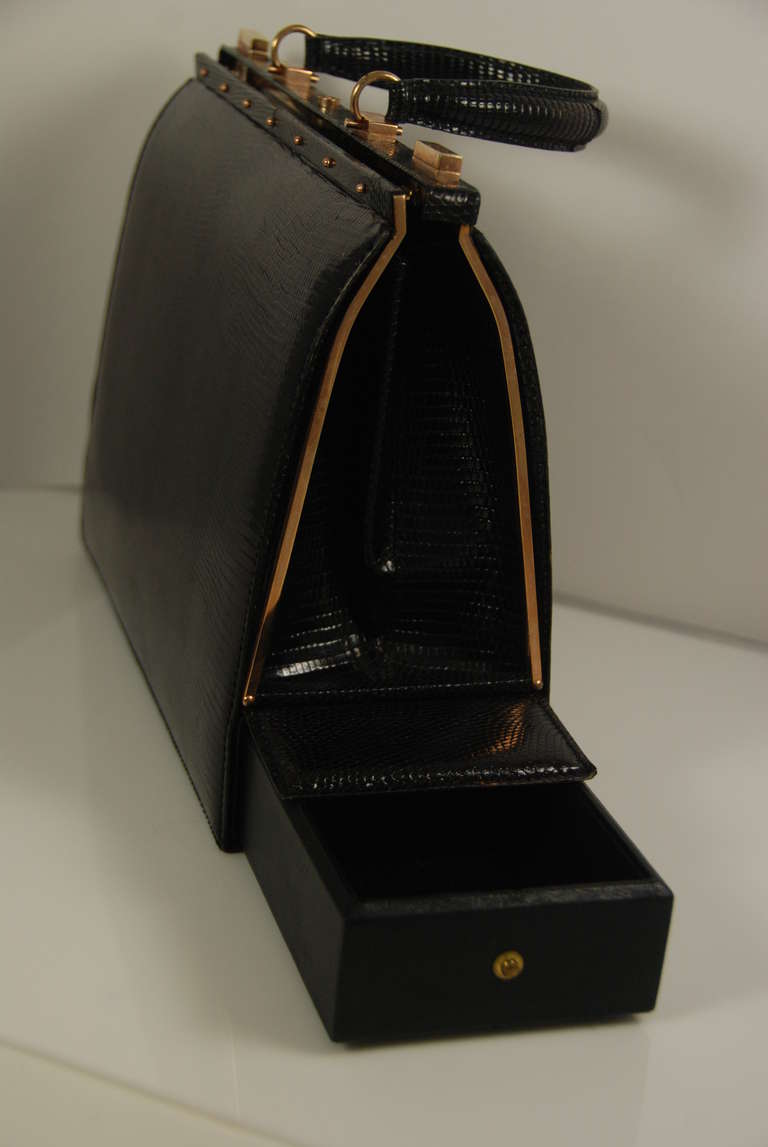 1960s Lederer Black Lizard Handbag with a Hidden Compartment