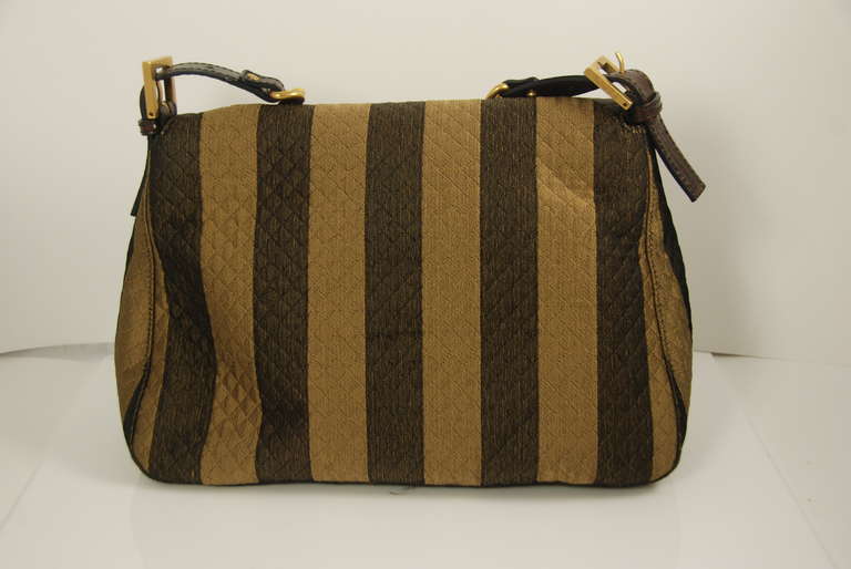 Fendi bag with a chain handle (7' drop to the top of the bag) in a two tone brown stripe design. The fabric is quilted and has a very subtle sheen to it. Closure is by magnetic clasp. Inside there is a zipper compartment. Clasp works well and bag