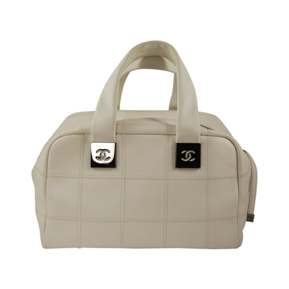 2003 Chanel White Caviar Leather Bowler Bag For Sale
