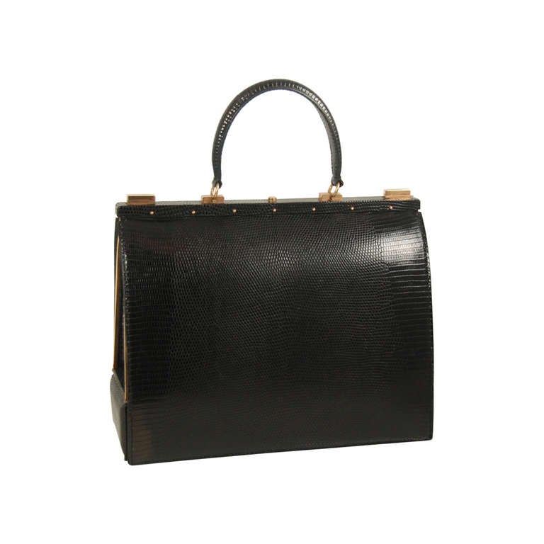 1960s Lederer Black Lizard Handbag with a Hidden Compartment