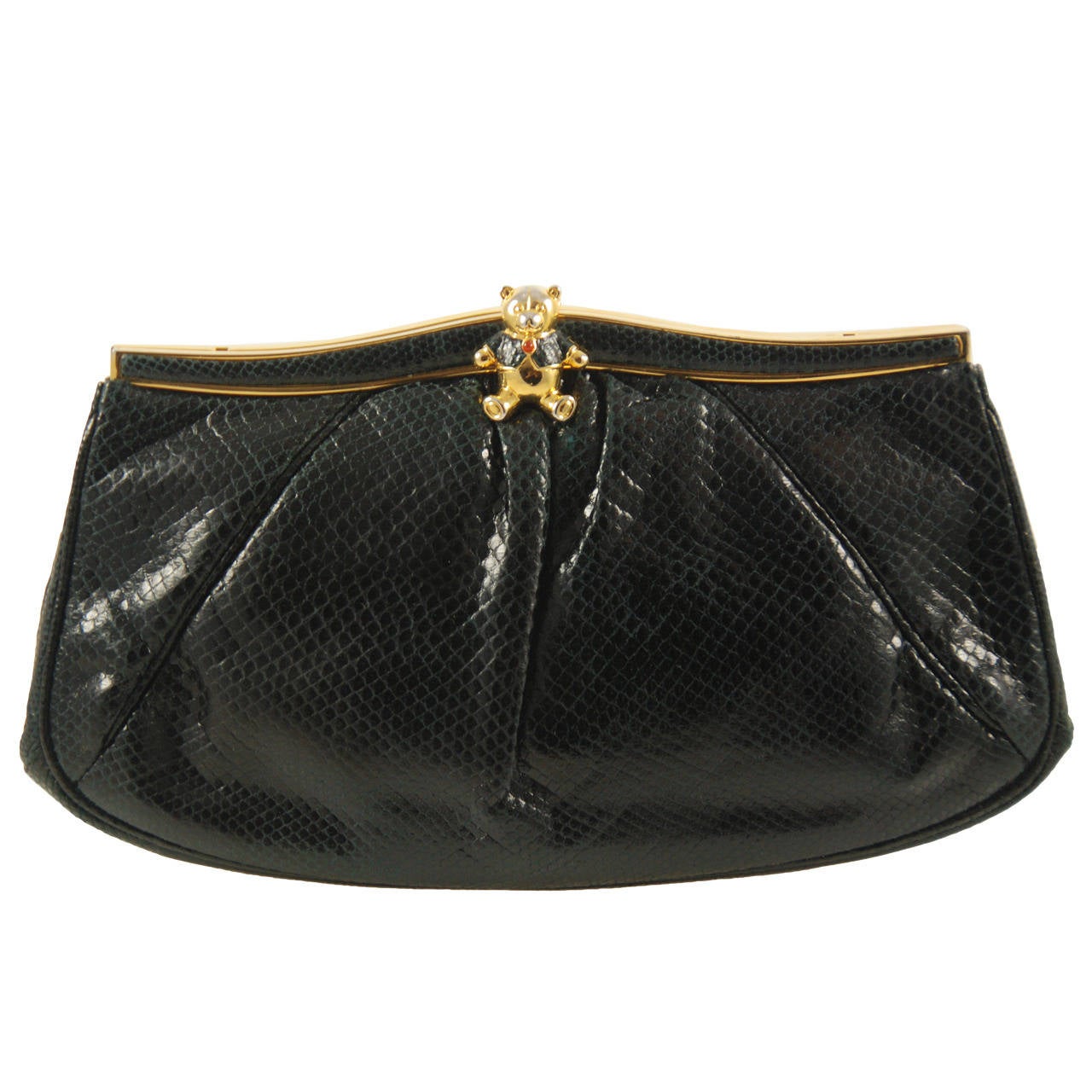 1980s Judith Leiber Black Karung Clutch with Teddy Bear Clasp For Sale