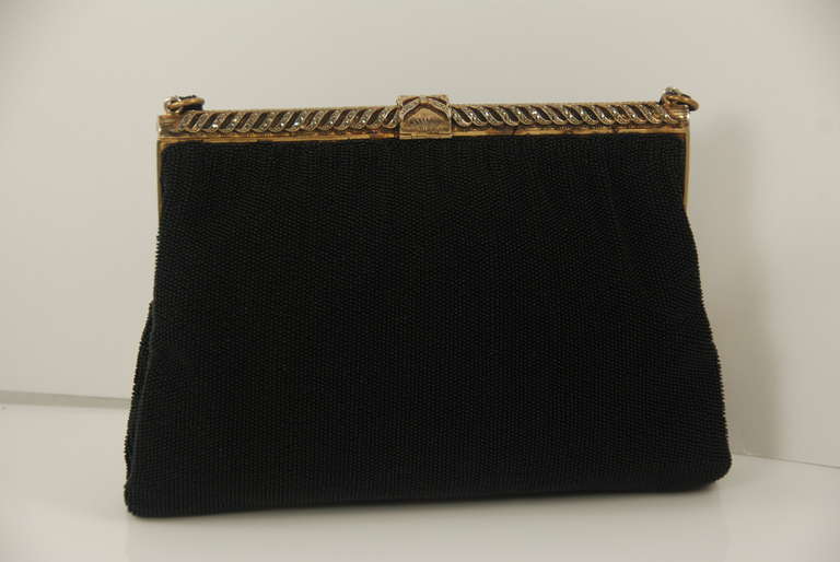 1930s French Black Beaded Evening Bag with  Marcasite Frame In Excellent Condition For Sale In New York, NY