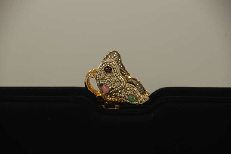 1980s Judith Leiber Black Satin Evening Bag with Jeweled Butterfly Clasp