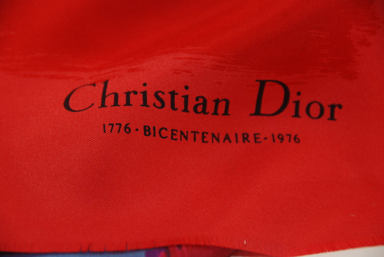 Colorful Dior scarf made to commemorate the 1976 USA bicentennial.This scarf is in the permanent collection of the Metropolitan Museum of Art Costume Accession Number: 2002.264. Colors are vibrant and they include red, white, blue and pink and melds